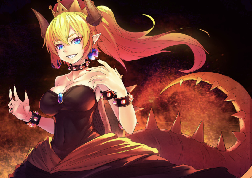 1girl bare_shoulders black_dress blonde_hair blue_eyes bowsette bracelet breasts cleavage collarbone commentary_request dress earrings fingernails grin horns jewelry large_breasts long_fingernails long_hair super_mario_bros. nail_polish new_super_mario_bros._u_deluxe nintendo pointy_ears ponytail sharp_teeth shell smile solo spiked_armlet spiked_bracelet spiked_tail spikes strapless strapless_dress sugi_214 super_crown super_mario_bros. teeth