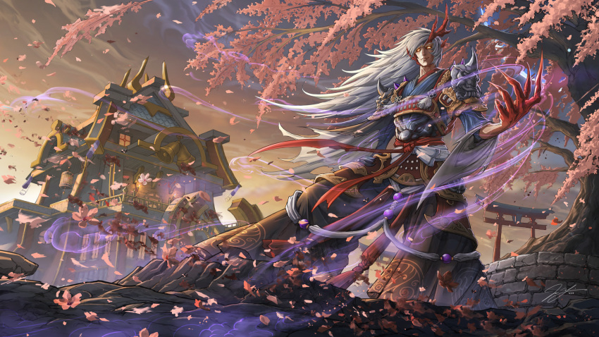 1boy architecture claws east_asian_architecture glowing glowing_eyes highres horns ibaraki_(onmyoji) japanese_clothes jue_leo_li long_hair looking_at_viewer male_focus onmyoji outdoors petals scenery shoulder_armor solo standing sunset torii tree very_long_hair warrior white_hair wide_sleeves wind yellow_eyes
