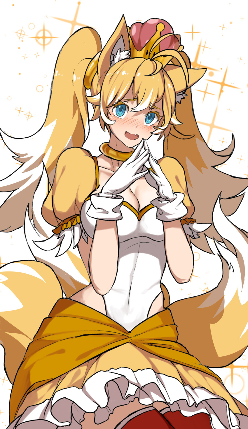 1girl absurdres animal_ears blonde_hair blue_eyes blush dishwasher1910 ears fang fox_ears fox_tail genderswap genderswap_(mtf) gloves highres long_hair looking_at_viewer open_mouth personification smile solo sonic_the_hedgehog tail tails_(sonic) twintails