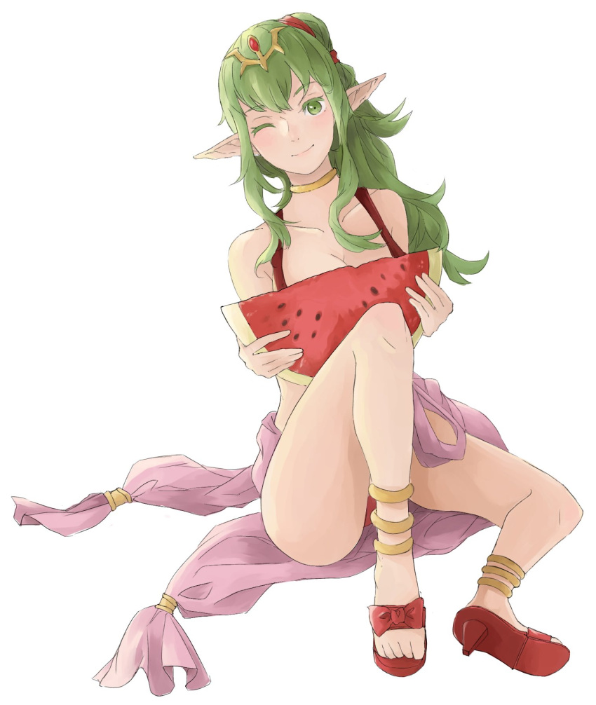 1girl anklet breasts chiki cleavage closed_mouth fire_emblem fire_emblem:_kakusei fire_emblem_heroes food fruit green_eyes green_hair highres jewelry long_hair mamkute nintendo one_eye_closed pointy_ears ponytail sakuuremi sandals simple_background sitting smile solo swimsuit tiara watermelon white_background