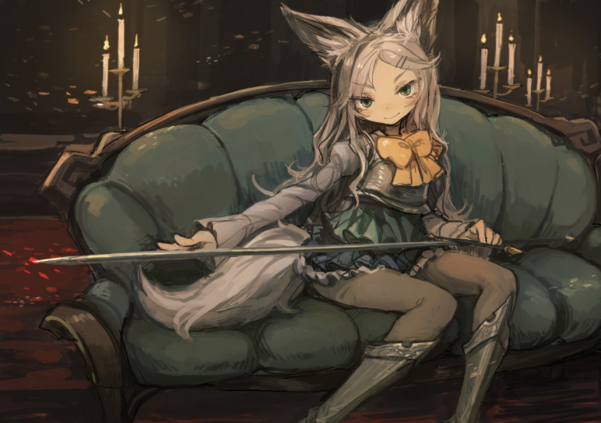 1girl bee_(deadflow) blue_skirt bow bowtie candle closed_mouth couch fox_tail green_eyes grey_hair grey_legwear hair_ornament hairclip holding holding_sword holding_weapon juliet_sleeves long_hair long_sleeves looking_at_viewer orange_neckwear original puffy_sleeves sitting skirt smile solo sword tail weapon