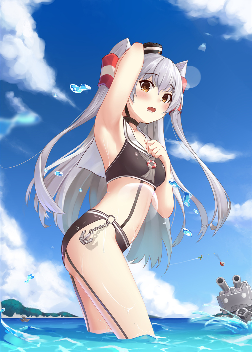 1girl aircraft airplane amatsukaze_(kantai_collection) arm_up armpits blush breasts brown_eyes clouds day eyebrows_visible_through_hair fang firing from_side hair_between_eyes hair_tubes hat highres kantai_collection leaning_forward lens_flare muji_(majunduo) open_mouth outdoors rensouhou-kun sailor_collar silver_hair sky small_breasts smoke standing swimsuit two_side_up wading water water_drop