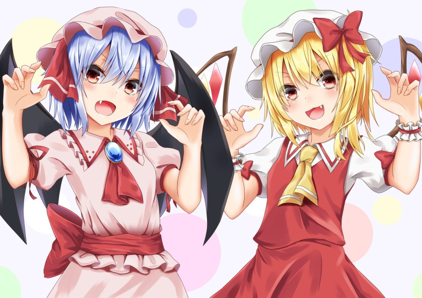 2girls :d ascot bangs bat_wings blonde_hair blue_hair blush bow breasts brooch circle claw_pose commentary_request cowboy_shot crystal dress eyebrows_visible_through_hair eyes_visible_through_hair fang flandre_scarlet frilled_shirt_collar frills grey_background hair_between_eyes hands_up hat hat_bow hat_ribbon head_tilt jewelry looking_at_viewer mob_cap multiple_girls one_side_up open_mouth pink_dress pink_hat puffy_short_sleeves puffy_sleeves red_bow red_eyes red_neckwear red_ribbon red_sash red_skirt red_vest remilia_scarlet ribbon santarou shirt short_sleeves siblings sisters skirt small_breasts smile touhou v-shaped_eyebrows vest white_hat white_shirt wings wrist_cuffs yellow_neckwear