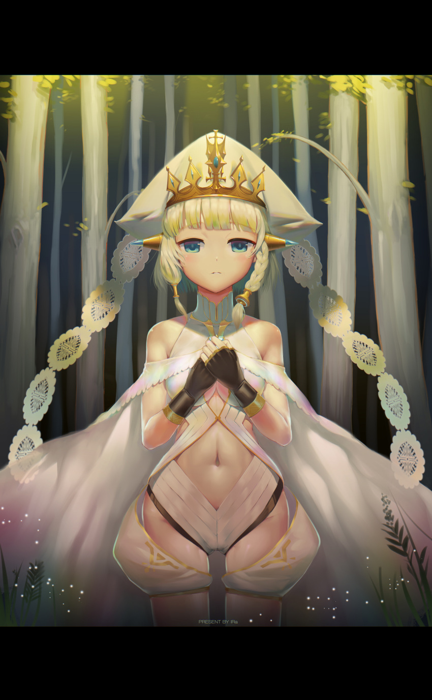 1girl absurdres artist_name bare_shoulders black_gloves blonde_hair blue_eyes braid breasts character_request english eyebrows_visible_through_hair fingerless_gloves forest gloves haapi_jang_p hat highres looking_at_viewer medium_breasts nature navel outdoors own_hands_together parted_lips pillarboxed shen_wu_yue solo standing tree white_hat