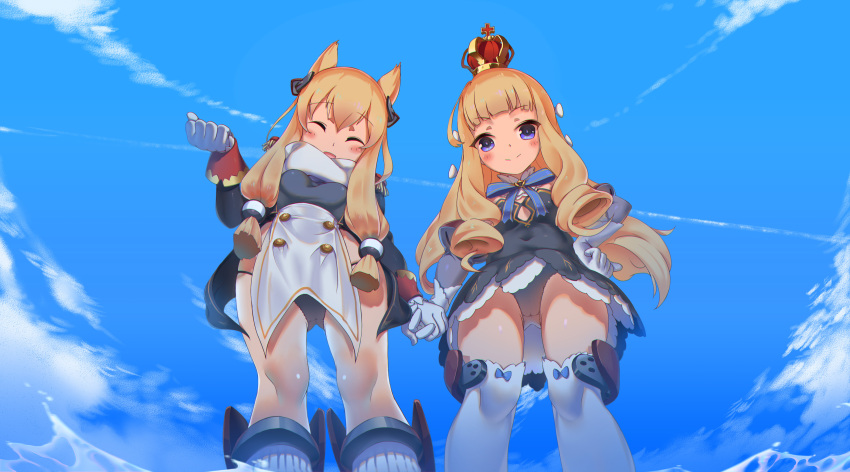 2girls :d ^_^ absurdres azur_lane black_panties blonde_hair blush bow breasts clenched_hand closed_eyes closed_eyes closed_mouth clouds covered_navel crown day detached_sleeves dress epaulettes eyebrows_visible_through_hair from_below haapi_jang_p hair_bow hand_holding hand_on_hips highres long_hair long_sleeves looking_at_viewer mini_crown multiple_girls open_mouth outdoors over-kneehighs panties pantyshot pantyshot_(standing) queen_elizabeth_(azur_lane) scarf sky small_breasts smile standing thigh-highs underwear very_long_hair violet_eyes warspite_(azur_lane) water white_bow white_legwear white_scarf