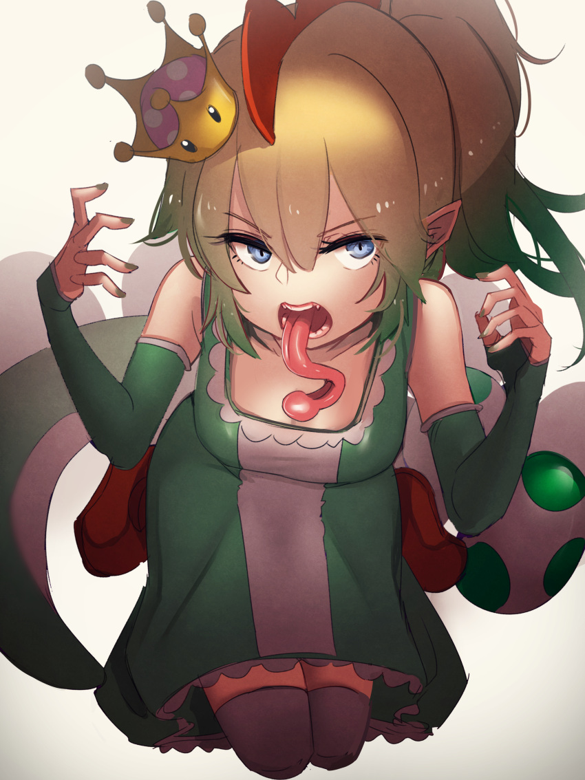 1girl absurdres at2. bare_shoulders blonde_hair blue_eyes breasts egg elbow_gloves fingerless_gloves gloves hair_between_eyes highres kneeling leaning_forward long_hair long_tongue looking_at_viewer super_mario_bros. new_super_mario_bros._u_deluxe nintendo open_mouth personification pointy_ears ponytail small_breasts solo super_crown tilted_headwear tongue yoshi