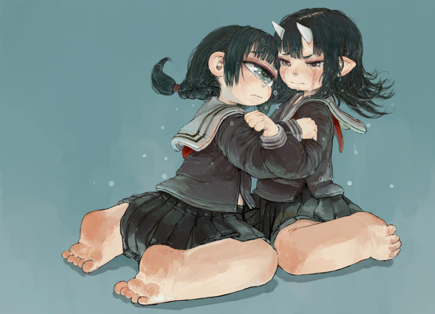 2girls barefoot black_eyes black_hair black_skirt blue_background braid brown_shirt closed_mouth commentary_request crying crying_with_eyes_open cyclops ebimomo grey_sailor_collar horns hug long_hair multiple_girls neckerchief one-eyed oni original pleated_skirt pointy_ears red_neckwear sailor_collar school_uniform serafuku shirt simple_background sitting skirt tears uniform wariza