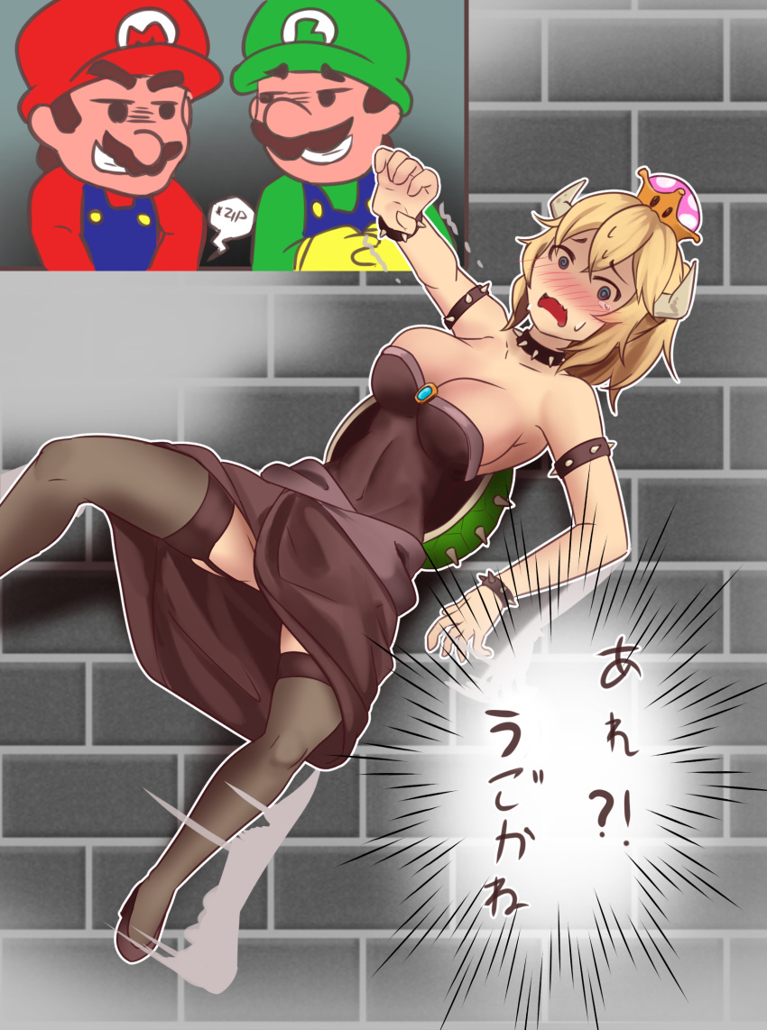 1girl 2boys absurdres black_legwear blonde_hair blue_eyes blush bowsette breasts cleavage facial_hair garter_straps green_hat hat highres horns large_breasts luigi mario super_mario_bros. multiple_boys mustache new_super_mario_bros._u_deluxe nintendo open_mouth red_hat short_hair short_ponytail speech_bubble super_crown thigh-highs translated unmeinobasho you_gonna_get_raped