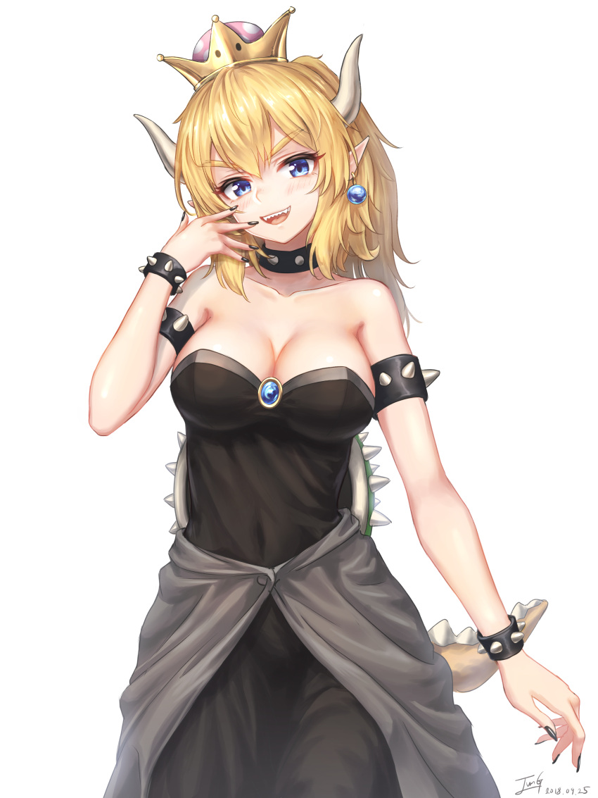 1girl :d absurdres armlet baek_hyang bangs black_dress black_nails blonde_hair blue_eyes blush bowsette bracelet breasts cleavage collar covered_navel cowboy_shot crown dated dress earrings eyebrows_visible_through_hair female fingernails gem hand_on_own_cheek hand_up head_tilt highres horns jewelry large_breasts long_hair looking_at_viewer super_mario_bros. nail_polish new_super_mario_bros._u_deluxe nintendo open_mouth pointy_ears ponytail sharp_teeth signature simple_background smile solo spiked_armlet spiked_bracelet spiked_collar spiked_shell spikes standing strapless strapless_dress super_crown tail teeth upper_teeth v-shaped_eyebrows white_background