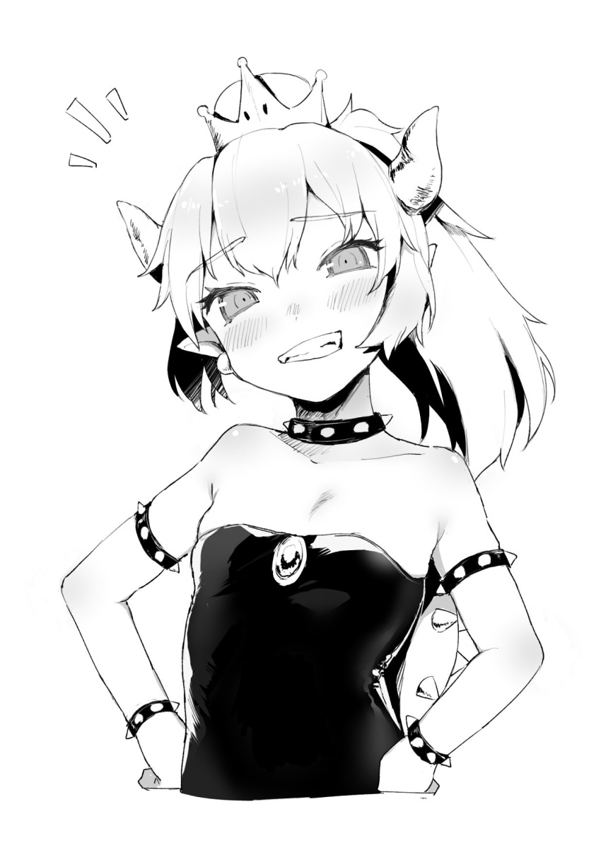 /\/\/\ 1girl bangs bare_shoulders blush borrowed_design bowsette bracelet breasts collar collarbone commentary cropped_torso crown dress earrings eyebrows_visible_through_hair eyes fangs gem genderswap genderswap_(mtf) grin hair_between_eyes hands_on_hips head_tilt high_ponytail highres horns jewelry little_mea looking_at_viewer super_mario_bros. medium_hair monochrome new_super_mario_bros._u_deluxe nintendo parted_bangs pointy_ears ponytail raised_eyebrows sharp_teeth short_pointy_ears simple_background small_breasts smile solo spiked_armlet spiked_bracelet spiked_collar spiked_shell spikes strapless strapless_dress super_crown tail teeth turtle_shell younger