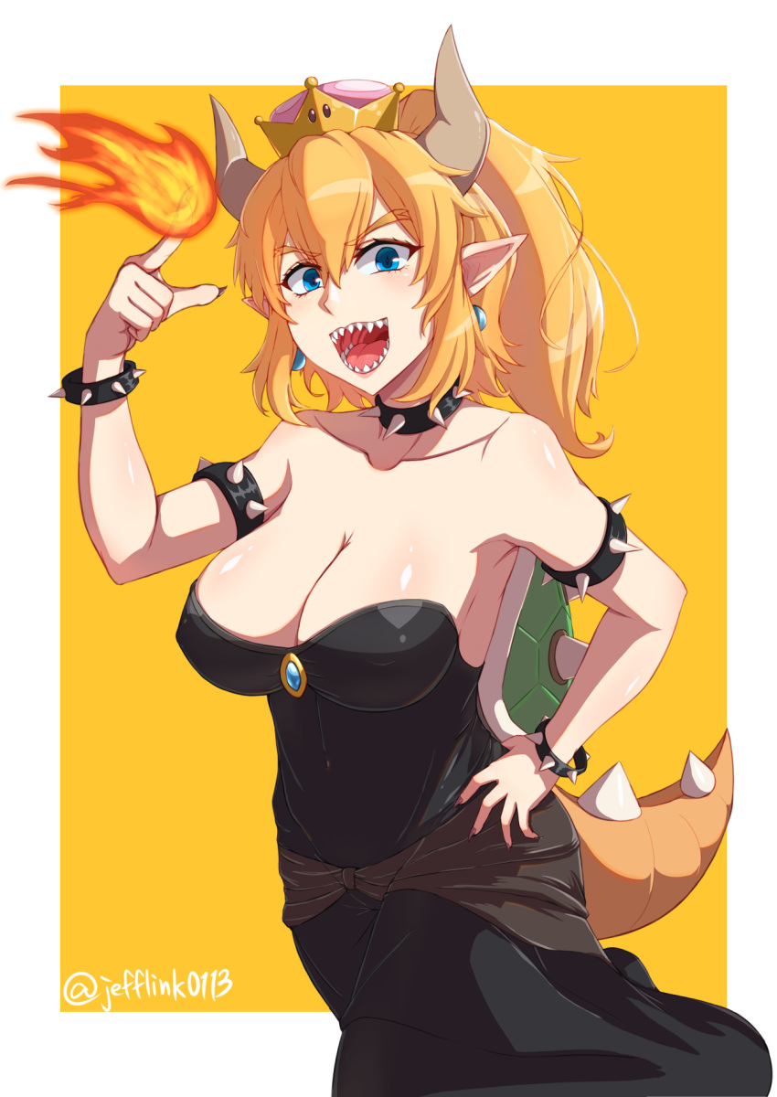 1girl bare_shoulders black_dress blonde_hair blue_eyes bowsette bracelet breasts cleavage collar collarbone crown dress earrings fire hand_on_hip highres horns index_finger_raised jefflink jewelry large_breasts looking_at_viewer super_mario_bros. new_super_mario_bros._u_deluxe nintendo open_mouth pointy_ears ponytail sharp_teeth short_hair solo spiked_armlet spiked_bracelet spiked_collar spikes super_mario_bros. tail teeth twitter_username yellow_background