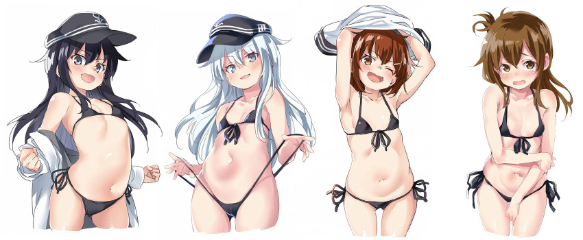 4girls :d absurdres akatsuki_(kantai_collection) alternate_costume anchor_symbol arched_back armpits arms_up bare_arms bare_shoulders belly bikini bikini_pull black_bikini blue_eyes blush breasts brown_eyes brown_hair cleavage clothes_down collarbone come_hither commentary_request cowboy_shot cropped_legs ebifurya erect_nipples eyebrows_visible_through_hair eyes_visible_through_hair flat_cap flat_chest front-tie_top gluteal_fold hair_between_eyes hair_ornament hairclip hat head_tilt hibiki_(kantai_collection) highres ikazuchi_(kantai_collection) inazuma_(kantai_collection) kantai_collection long_hair looking_at_viewer messy_hair micro_bikini multiple_girls navel one_eye_closed open_mouth purple_hair revealing_clothes shiny shiny_skin side-tie_bikini silver_hair simple_background small_breasts smile solo swimsuit thighs undressing violet_eyes white_background