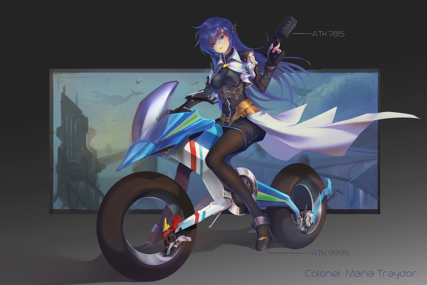 1girl bangs black_legwear blue_eyes blue_hair blush boots breasts closed_mouth commentary_request fingerless_gloves framed_image full_body gloves gradient gradient_background green_eyes ground_vehicle gun handgun highres holding holding_weapon long_hair looking_at_viewer maria_traydor motor_vehicle motorcycle pantyhose skirt solo star_ocean star_ocean_till_the_end_of_time thigh-highs ushas weapon