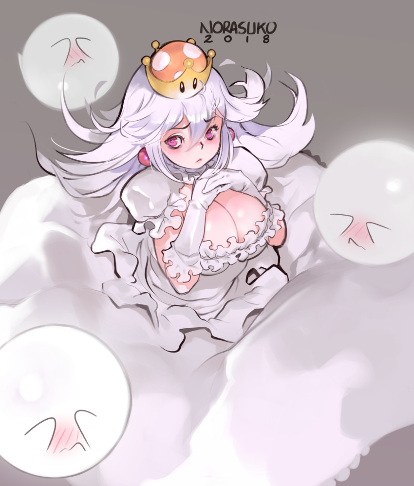 1girl 2018 :&lt; artist_name blush boo breasts cleavage collar covering_face crown dress earrings eyebrows_visible_through_hair frilled_collar frilled_gloves frills ghost gloves grey_background hands_together highres jewelry large_breasts looking_at_viewer super_mario_bros. mini_crown new_super_mario_bros._u_deluxe nintendo norasuko princess_king_boo puffy_short_sleeves puffy_sleeves short_sleeves silver_hair simple_background super_crown super_mario_bros. violet_eyes wavy_hair white_dress white_gloves