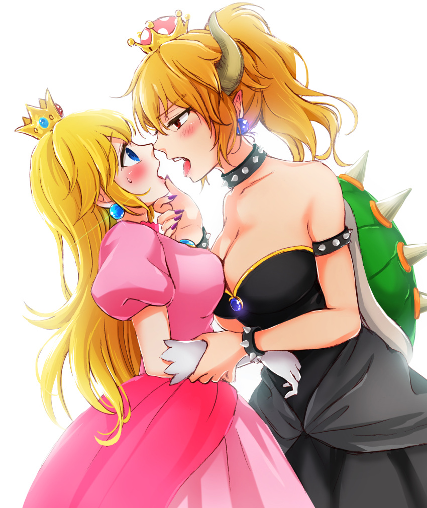 2girls absurdres arm_grab assertive bare_shoulders black_dress blonde_hair blue_eyes bowser bowsette breast_press breasts cleavage crown dress earrings eye_contact face-to-face finger_to_chin from_side genderswap genderswap_(mtf) half-closed_eyes highres imminent_kiss jewelry large_breasts long_hair looking_at_another super_mario_bros. multiple_girls nail_polish nanashiki_fuuka new_super_mario_bros._u_deluxe nintendo open_mouth pink_dress pointy_ears ponytail princess princess_peach puffy_short_sleeves puffy_sleeves red_eyes short_sleeves simple_background sleeveless sleeveless_dress super_mario_bros. sweatdrop tongue tongue_out white_background yuri