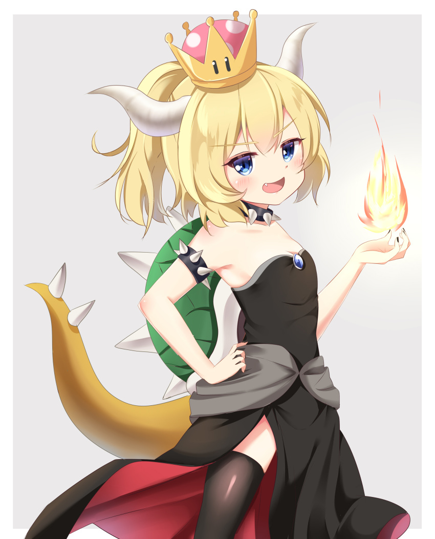 1girl :d absurdres agung_syaeful_anwar bangs bare_shoulders black_dress black_legwear black_nails blonde_hair blue_eyes blush bowsette breasts collar collarbone commentary_request crown dress eyebrows_visible_through_hair fang fingernails fire grey_background hair_between_eyes hand_on_hip head_tilt highres horns looking_at_viewer super_mario_bros. mini_crown nail_polish new_super_mario_bros._u_deluxe nintendo open_mouth small_breasts smile solo spiked_collar spiked_shell spiked_tail spikes strapless strapless_dress super_crown tail thigh-highs turtle_shell two-tone_background v-shaped_eyebrows white_background