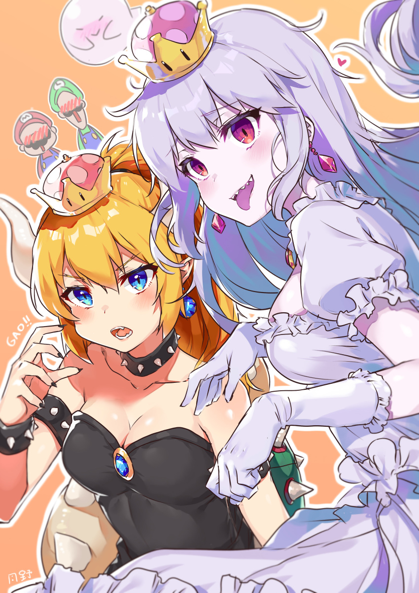 2boys 2girls absurdres artist_name bare_shoulders blonde_hair blue_eyes blush boo bowsette bracelet breasts cleavage collar collarbone commentary_request crown dress earrings eyebrows_visible_through_hair facial_hair gloves green_hat hat heart highres horns jewelry long_hair looking_at_viewer luigi luigi's_mansion mario super_mario_bros. medium_breasts multiple_boys multiple_girls mustache new_super_mario_bros._u_deluxe nintendo open_mouth orange_background pale_skin pointy_ears ponytail princess_king_boo purple_tongue red_eyes red_hat short_hair silver_hair simple_background spiked_armlet spiked_bracelet spiked_collar spikes super_crown super_mario_bros. tail tongue tongue_out tsukino_(nakajimaseiki) white_dress white_gloves