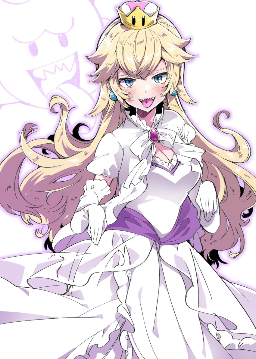 1girl blonde_hair blue_eyes blush boo breasts crown dress earrings ears eyebrows eyebrows_visible_through_hair gloves highres jewelry long_hair looking_at_viewer luigi's_mansion super_mario_bros. nintendo open_mouth princess_king_boo simple_background solo standing super_mario_bros. teeth tongue tongue_out white_background white_dress white_gloves