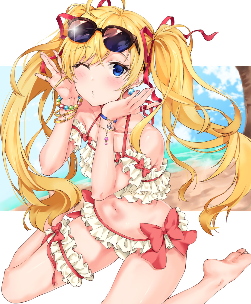 1girl ahoge anchor_bracelet arm_garter bare_legs bare_shoulders barefoot beach bikini black-framed_eyewear blonde_hair blue_eyes blue_sky blush bow bracelet collarbone commentary english_commentary eyewear_on_head finger_ribbon fingernails frilled_bikini frills hair_ribbon hands_up highres jewelry layered_bikini leg_garter lens_flare long_hair nail_polish navel ocean one_eye_closed original outside_border over-rim_eyewear pearl_bracelet pink_nails pouty_lips red_bow red_ribbon ribbon ring semi-rimless_eyewear sirurabbit sitting sky solo sunglasses sunlight swimsuit twintails very_long_hair wariza white_bikini