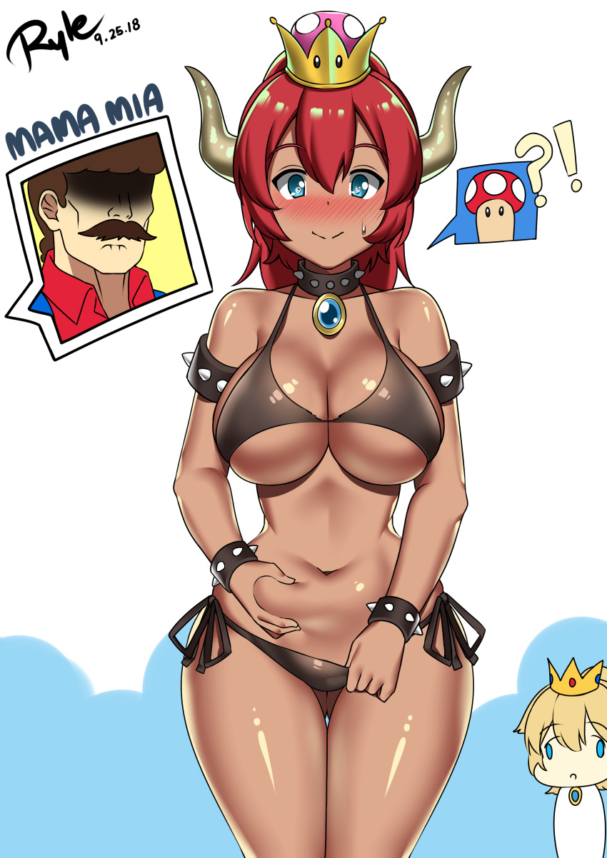 1girl absurdres bare_shoulders bikini blue_eyes blush bowsette bracelet breasts cleavage collar crown dark_skin dress earrings face_of_the_people_who_sank_all_their_money_into_the_fx highres horns jewelry large_breasts looking_at_viewer mario super_mario_bros. navel nintendo ponytail redhead ryle smile spiked_bracelet spiked_collar spikes super_crown swimsuit