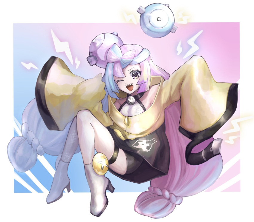 1girl ;d arms_up bare_shoulders black_coat blue_hair bow-shaped_hair braid breasts coat electricity eyelashes full_body grey_footwear grey_pantyhose halterneck high_heels highres iono_(pokemon) knees_together_feet_apart leon0630claude light_blue_hair long_hair long_sleeves looking_at_viewer low-tied_long_hair magnemite magnet multicolored_hair one-eyed one_eye_closed open_mouth pantyhose pink_eyes pink_hair pokemon pokemon_(creature) pokemon_(game) pokemon_sv screw sharp_teeth single_leg_pantyhose sleeves_past_fingers sleeves_past_wrists small_breasts smile solo star_(symbol) star_print teeth thigh_strap twintails two-tone_coat two-tone_hair v-shaped_eyebrows very_long_hair wide_sleeves yellow_coat