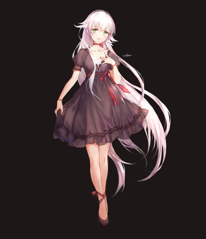 1girl :d absurdres altina_orion bangs black_background black_dress black_hairband blush breasts brown_footwear collarbone commentary_request dress eiyuu_densetsu eyebrows_visible_through_hair full_body green_eyes hair_between_eyes hairband hand_on_own_chest hand_up head_tilt highres long_hair open_mouth puffy_short_sleeves puffy_sleeves sen_no_kiseki sen_no_kiseki_4 shoes short_sleeves signature simple_background small_breasts smile solo standing swd3e2 very_long_hair white_hair