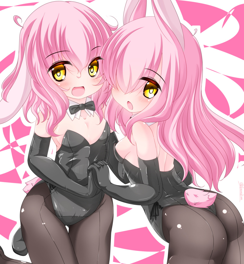 2girls :d :o animal_ears bangs bare_shoulders black_gloves black_leotard black_neckwear blush bow bowtie breasts brown_legwear bunny_girl bunny_tail bunnysuit commentary_request detached_collar elbow_gloves eyebrows_visible_through_hair gloves hair_between_eyes hair_over_one_eye hand_holding highres interlocked_fingers kanijiru leaning_forward leotard long_hair medium_breasts multiple_girls open_mouth original pantyhose pink_hair rabbit_ears small_breasts smile strapless strapless_leotard tail twitter_username very_long_hair white_collar yellow_eyes