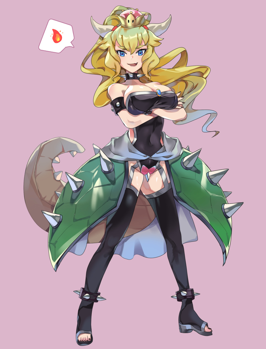 1girl armlet bangs bare_shoulders black_dress black_nails blonde_hair blue_eyes borrowed_design bowsette bracelet breasts collar covered_navel crossed_arms crown dress fang fire full_body genderswap genderswap_(mtf) gimnang hair_between_eyes highres horns jewelry large_breasts leotard long_hair looking_at_viewer super_mario_bros. nail_polish new_super_mario_bros._u_deluxe nintendo open_mouth ponytail purple_background simple_background smile solo speech_bubble spiked_anklet spiked_bracelet spiked_collar spikes standing strapless strapless_dress super_crown tail thigh-highs turtle_shell