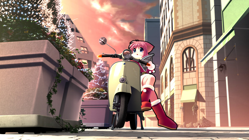 1girl animal_ears awning blue_eyes boots cat_ears city clouds ground_vehicle kitsupon looking_away moped motor_vehicle original outdoors pink_hair red_footwear scenery scooter short_hair solo sunset window