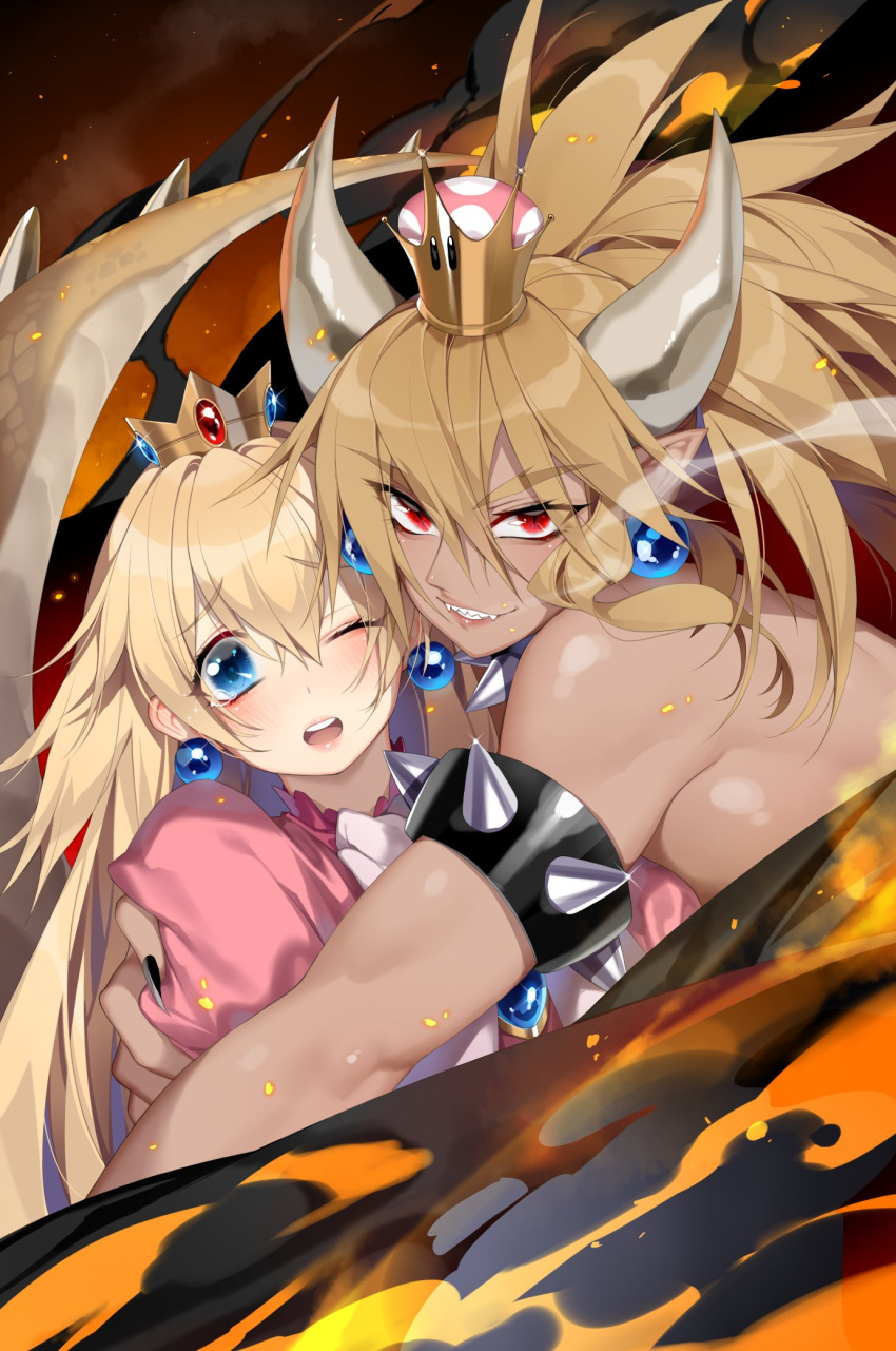 2girls bangs bare_shoulders black_dress blonde_hair blue_eyes blush bowsette breast_press collar commentary crown dark_skin deathalice dress earrings embers english_commentary eyebrows_visible_through_hair fangs fiery_background fire gloves hair_between_eyes highres holding_another horns jewelry lips long_hair long_ponytail looking_at_viewer multiple_girls nail_polish new_super_mario_bros._u_deluxe nintendo one_eye_closed open_mouth pink_dress pointy_ears princess_peach red_eyes sharp_teeth sidelocks smile smoke smoke_trail spiked_armlet spiked_collar spiked_tail spikes super_crown super_mario_bros. tail tearing_up teeth thick_eyebrows toned upper_body v-shaped_eyebrows very_long_hair white_gloves