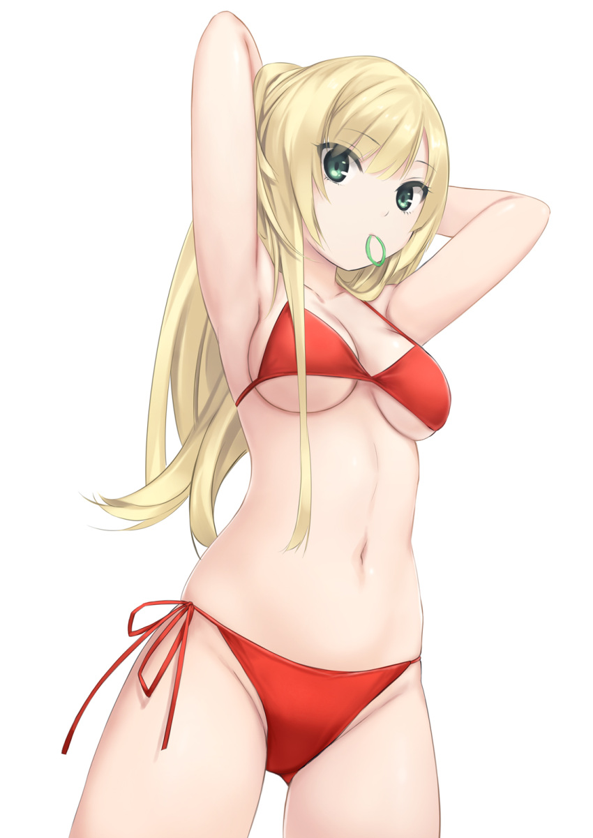 1girl armpits arms_behind_head arms_up bangs bikini blonde_hair blush breasts check_copyright cleavage closed_mouth coffee-kizoku commentary_request copyright_request cowboy_shot eyebrows_visible_through_hair from_below green_eyes groin hair_tie highres kimi_shini_tamou_ryuuseigun long_hair looking_at_viewer looking_down medium_breasts morita_imari mouth_hold navel red_bikini red_ribbon ribbon side-tie_bikini simple_background solo stomach string_bikini swimsuit thighs tying_hair under_boob white_background