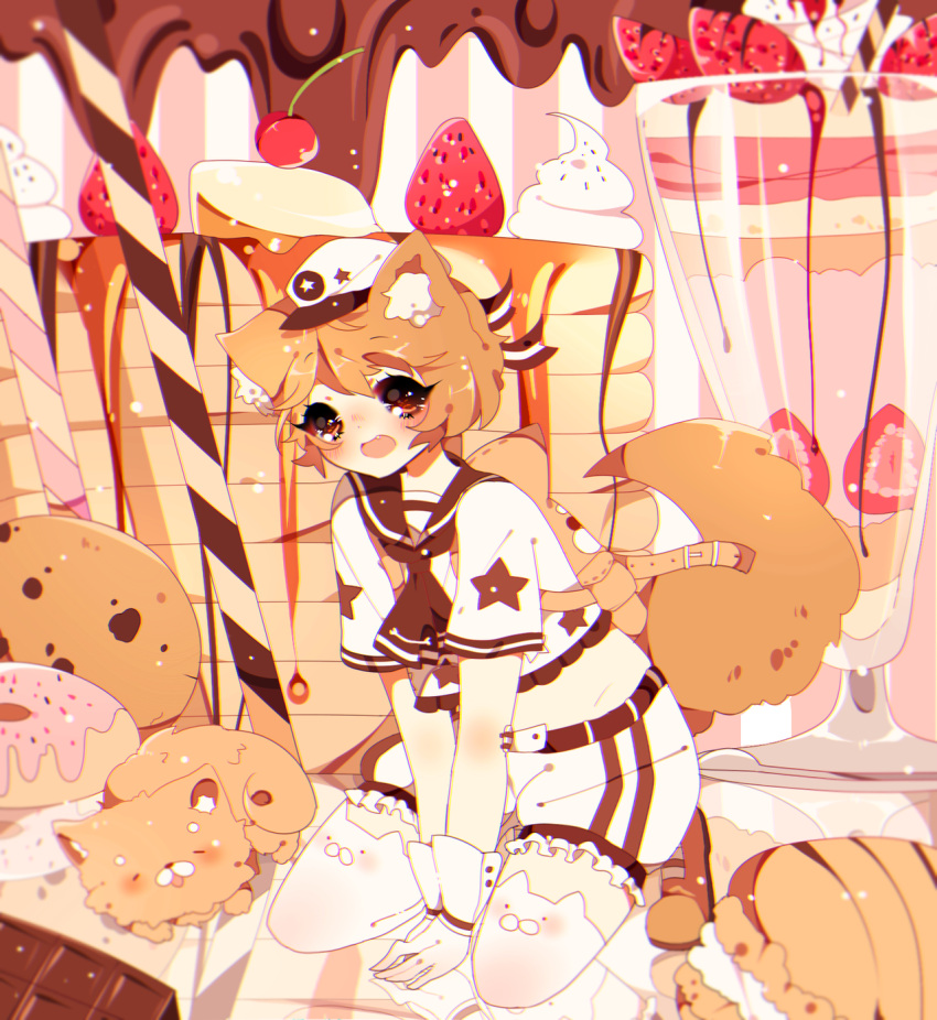 1boy animal_band_legwear animal_ears black_neckwear black_skirt brown_hair cat cat_band_legwear chariko cherry chocolate commentary_request doughnut food fox_ears fox_tail fruit hat highres male_focus original pancake short_sleeves skirt solo strawberry syrup tail white_hat