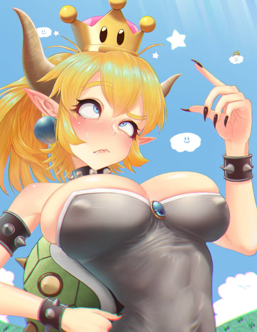 1girl black_nails blonde_hair blue_sky blush bowsette breasts bursting_breasts carla cleavage clouds crown day earrings erect_nipples eyebrows_visible_through_hair fang fingernails hand_on_hip highres jewelry large_breasts looking_up super_mario_bros. nail_polish new_super_mario_bros._u_deluxe nintendo pointy_ears ponytail rolling_eyes sharp_fingernails sky smile solo sweatdrop upper_body