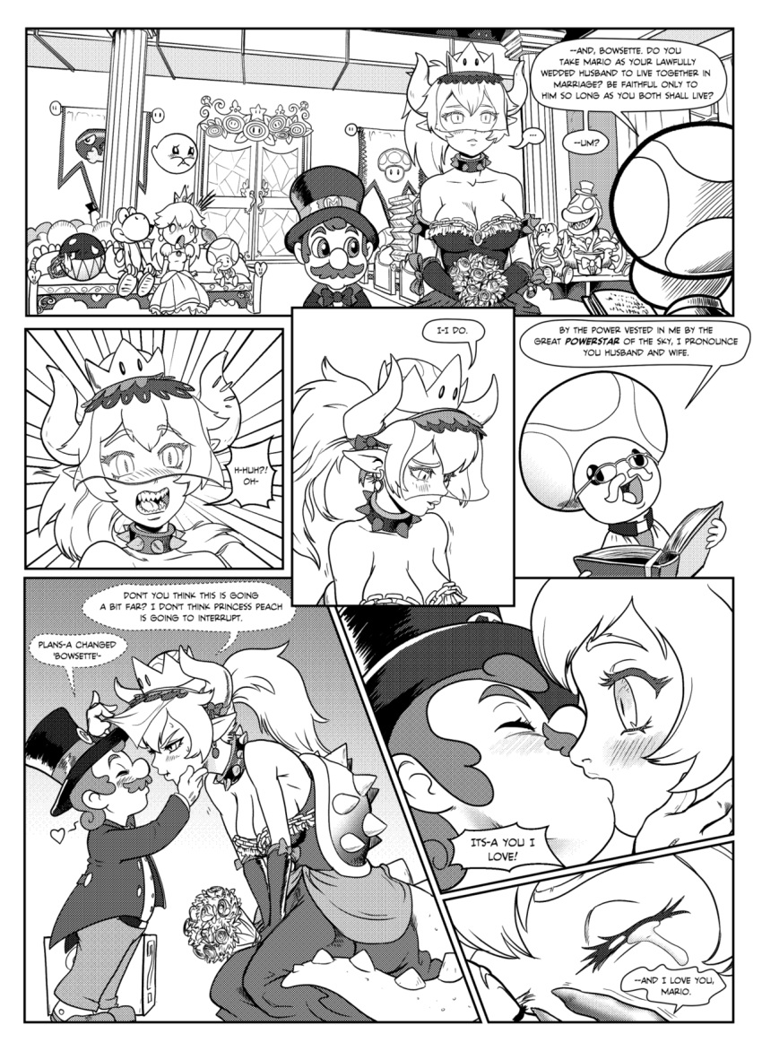 bowsette bridal_veil comic crown dress english height_difference hetero highres kiss left-to-right_manga mario super_mario_bros. monochrome new_super_mario_bros._u_deluxe nintendo pencilsponyforge princess_peach super_mario_bros. tagme toad veil wedding wedding_dress