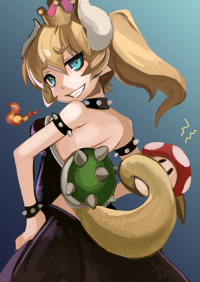 1girl absurdres bare_shoulders blonde_hair blue_eyes bowsette bracelet breasts cleavage collar crown dress earrings genderswap genderswap_(mtf) grin highres horns jewelry long_hair looking_at_viewer looking_back super_mario_bros. medium_breasts mushroom nintendo ponytail ruu_bot sharp_teeth shell smile solo spiked_bracelet spiked_collar spikes super_crown super_mario_bros. super_mushroom tail teeth