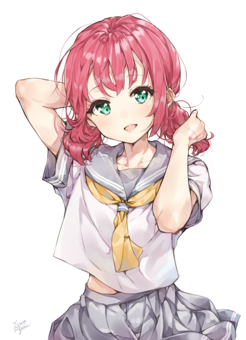 1girl :d alternate_hairstyle arm_behind_head arm_up artist_name bangs belly_peek commentary_request green_eyes grey_sailor_collar grey_skirt hand_in_hair highres kurosawa_ruby looking_at_viewer love_live! love_live!_sunshine!! neckerchief open_mouth redhead sailor_collar school_uniform serafuku shirt short_sleeves simple_background skirt smile solo takenoko_no_you tie_clip twintails uranohoshi_school_uniform white_background white_shirt yellow_neckwear