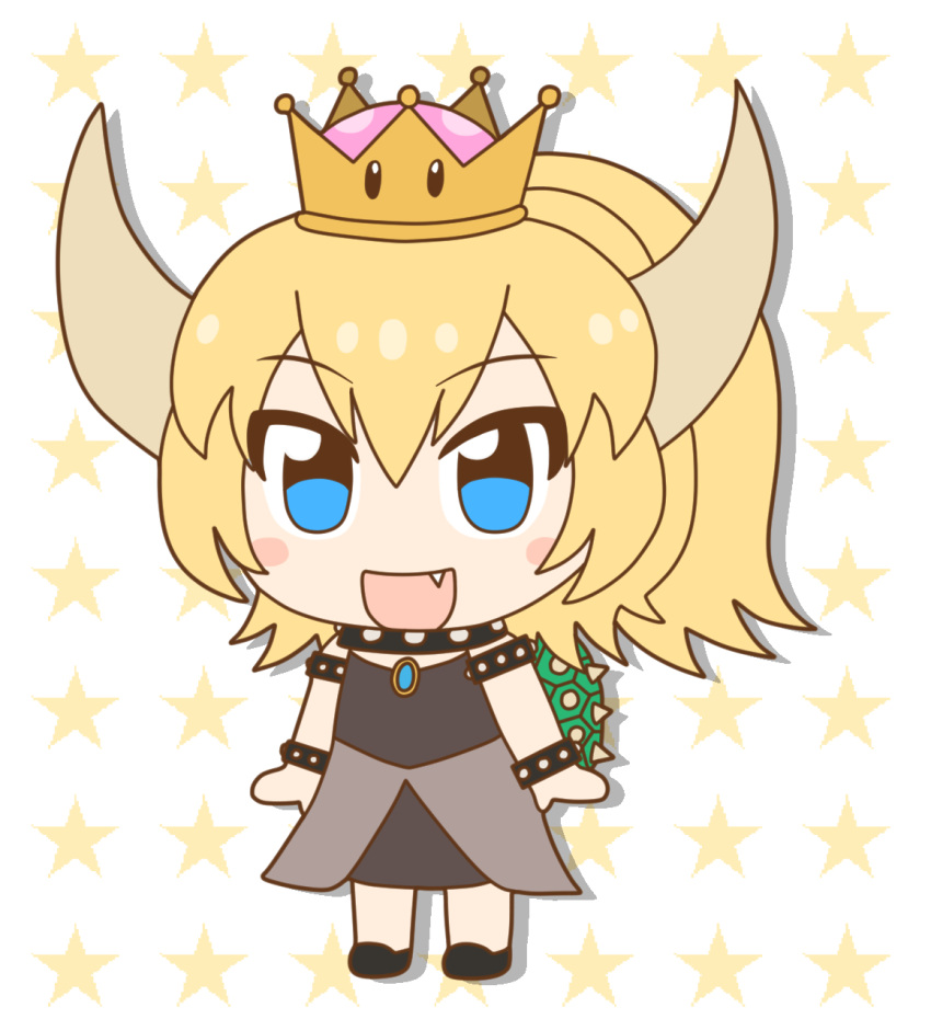1girl :d arms_at_sides black_dress blonde_hair blue_eyes blush_stickers bowsette bracelet chibi collar commentary_request crown dress eyebrows_visible_through_hair fang full_body highres horns jewelry kemono_friends kemono_friends_pavilion long_hair looking_at_viewer super_mario_bros. new_super_mario_bros._u_deluxe nintendo open_mouth parody ponytail smile solo spiked_armlet spiked_bracelet spiked_collar spiked_shell spikes star starry_background style_parody super_crown super_mario_bros. turtle_shell