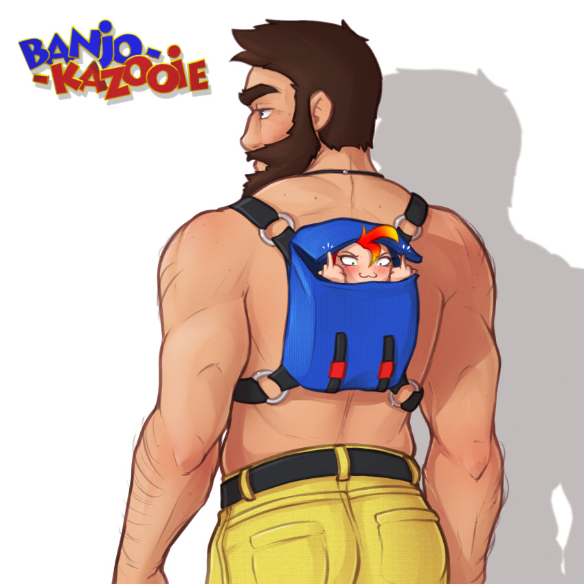 1boy 1girl :3 arm_hair ass back backpack bag banjo-kazooie banjo_(banjo-kazooie) beard blonde_hair blue_eyes brown_hair closed_mouth commentary denim denim_shorts english_commentary facial_hair highres kazooie_(banjo-kazooie) looking_afar looking_at_viewer looking_to_the_side male_focus middle_finger minigirl multicolored_hair personification pocket pudgeruffian redhead shirtless short_hair shorts size_difference smile standing thick_eyebrows two-tone_hair upper_body