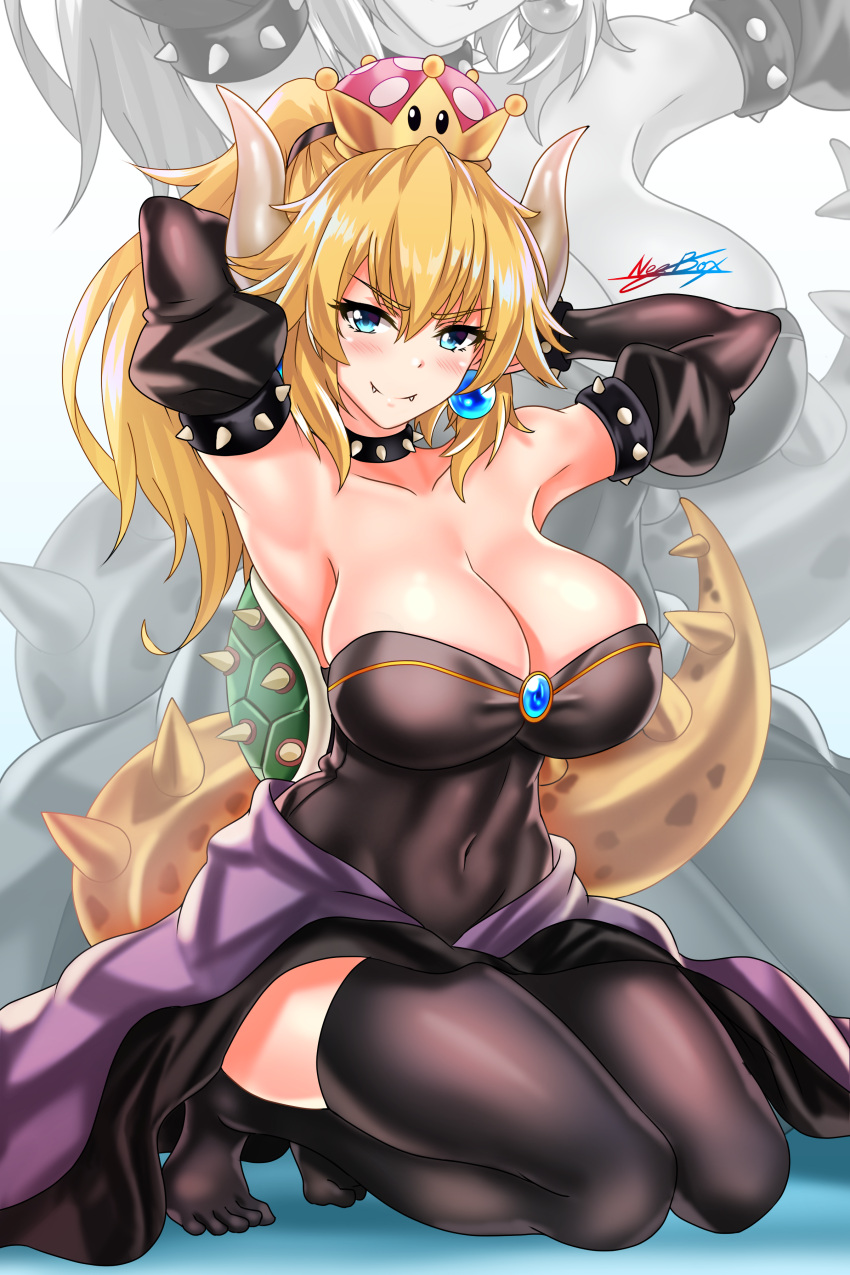 1girl absurdres armlet armpits arms_behind_head arms_up bangs bare_shoulders black_dress black_legwear blonde_hair blue_eyes blush borrowed_design bowsette bracelet breasts brooch cleavage closed_mouth collar collarbone covered_navel crown detached_sleeves dress earrings fangs genderswap genderswap_(mtf) hair_between_eyes highres horns jewelry kneeling large_breasts long_hair looking_at_viewer super_mario_bros. new_super_mario_bros._u_deluxe nez-kun nintendo ponytail sidelocks signature smile solo spiked_bracelet spiked_collar spikes super_crown tail thigh-highs thighs turtle_shell waist