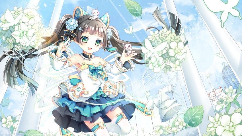 &gt;_&lt; 1girl :3 :d animal animal_on_head aqua_bow ark_order bangs bare_shoulders birdcage black_bow blue_hair blue_sky blunt_bangs blush bow brown_hair bug butterfly cage cat caterpillar character_request chinese_commentary commentary_request day detached_collar detached_sleeves dress flower frilled_sleeves frills green_eyes gyaza hair_bow hair_flower hair_ornament hairclip hands_up heart highres holding holding_animal insect insect_on_head layered_dress leg_up long_hair long_sleeves on_head open_mouth pillar sky smile solo string thigh-highs twintails very_long_hair white_flower white_legwear white_wings wings