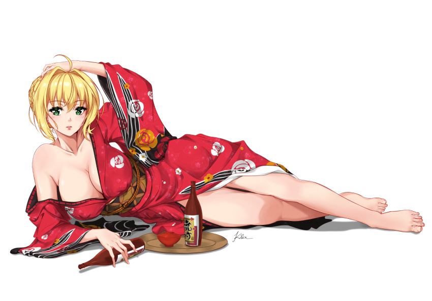 1girl ahoge blonde_hair braid breasts eyebrows_visible_through_hair fate/extra fate/grand_order fate_(series) french_braid green_eyes hand_on_own_head japanese_clothes kimono large_breasts lying nero_claudius_(fate) nero_claudius_(fate)_(all) on_side ry_zettai sash short_hair signature simple_background solo white_background