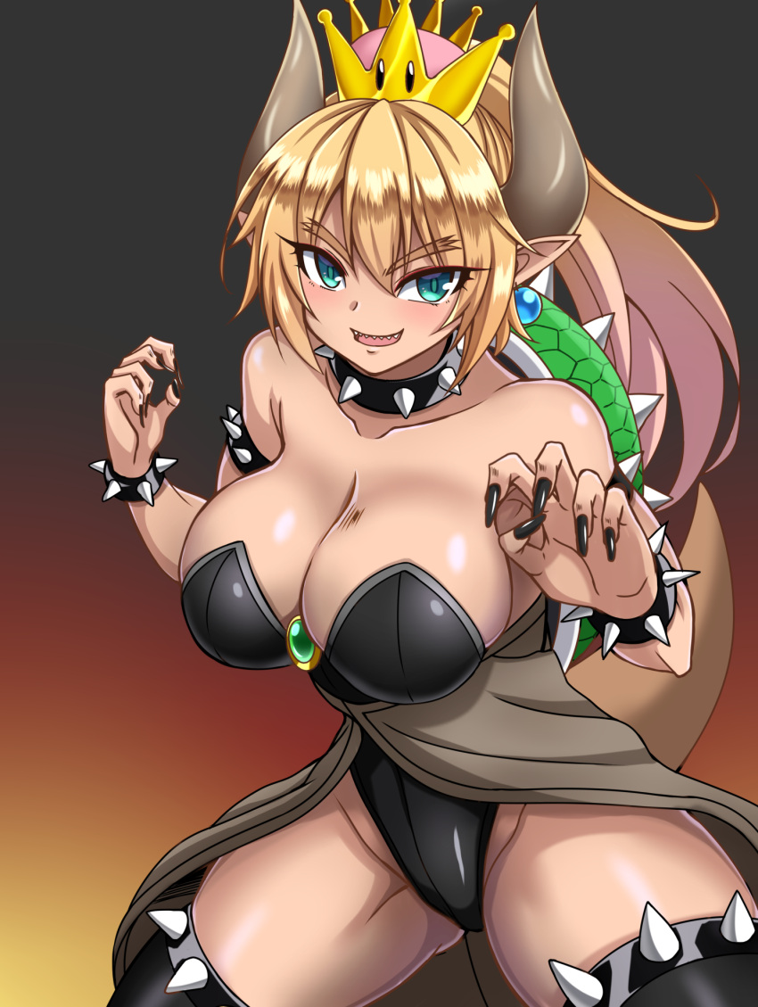 1girl alice360 aqua_eyes bare_shoulders black_background black_legwear black_leotard black_nails blonde_hair bowsette bracelet breasts brown_background collar collarbone commentary_request crown eyebrows eyebrows_visible_through_hair fingernails genderswap genderswap_(mtf) gradient gradient_background highres horns jewelry large_breasts leotard long_fingernails long_hair looking_at_viewer super_mario_bros. nail_polish new_super_mario_bros._u_deluxe nintendo open_mouth pointy_ears ponytail sharp_teeth smile solo spiked_armlet spiked_bracelet spiked_collar spikes standing super_mario_bros. teeth thigh-highs two-tone_background