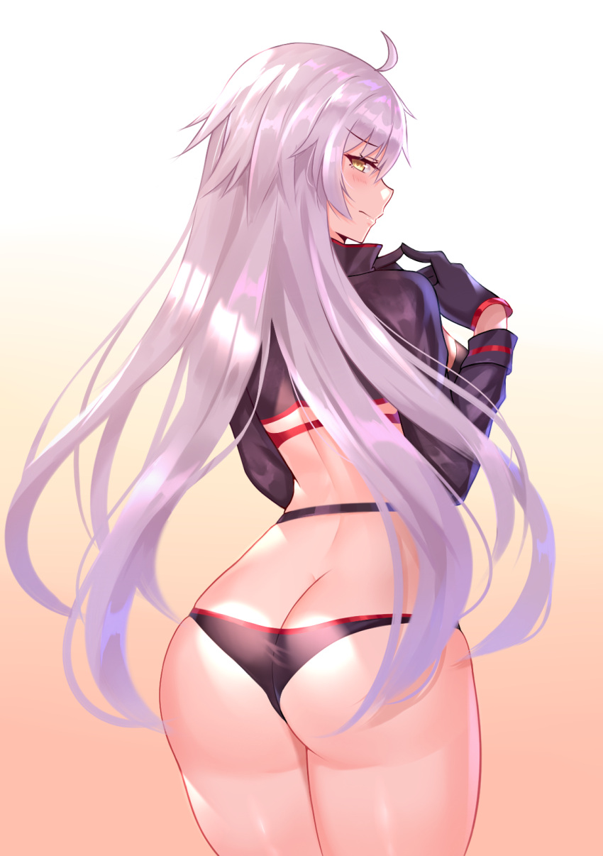 1girl ahoge ass bangs bikini black_bikini black_fire_(peter02713) black_gloves blush closed_mouth cowboy_shot embarrassed eyebrows_visible_through_hair fate/grand_order fate_(series) fingers_together floating_hair gloves gradient gradient_background grey_hair half-closed_eyes hands_up high_collar highres jeanne_d'arc_(alter_swimsuit_berserker) jeanne_d'arc_(fate)_(all) legs_together long_hair long_sleeves looking_at_viewer looking_back pink_background profile shiny shiny_hair shrug_(clothing) solo standing swimsuit thighs white_background yellow_eyes