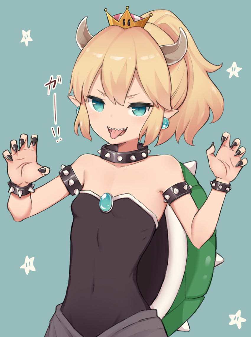1girl :d bangs bare_shoulders black_dress black_nails blonde_hair blue_background blush bowsette bracelet breasts claw_pose collar commentary_request coraman covered_navel crown dress earrings fingernails green_eyes hair_between_eyes hands_up high_ponytail highres horns jewelry super_mario_bros. mini_crown nail_polish new_super_mario_bros._u_deluxe nintendo open_mouth pointy_ears ponytail sharp_teeth simple_background small_breasts smile solo spiked_bracelet spiked_collar spiked_shell spikes star strapless strapless_dress super_crown teeth tongue tongue_out turtle_shell v-shaped_eyebrows