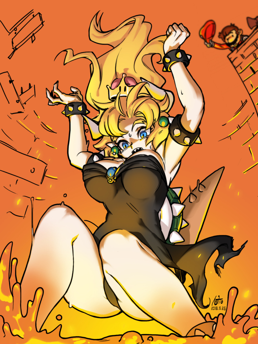1girl anklet armlet arms_up ass bare_shoulders black_dress black_panties blonde_hair blue_eyes bouncing_breasts bowsette bracelet breasts collar crown dated dress earrings facial_hair falling gem highres horns jewelry large_breasts long_hair mario super_mario_bros. molten_rock mustache new_super_mario_bros._u_deluxe nintendo noto_tsugumi overalls panties pointy_ears ponytail red_shirt sharp_teeth shirt spiked_bracelet spiked_collar spikes strapless strapless_dress super_crown super_mario_bros. super_smash_bros. tail teeth turtle_shell underwear waving