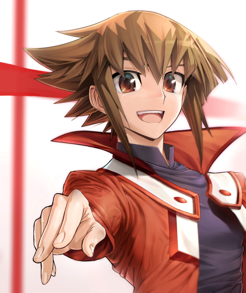 1boy :d black_shirt brown_eyes brown_hair hair_between_eyes highres jacket looking_at_viewer male_focus open_clothes open_jacket open_mouth outstretched_arm red_jacket shirt smile solo ts422 upper_body yu-gi-oh! yuu-gi-ou yuu-gi-ou_gx yuuki_juudai