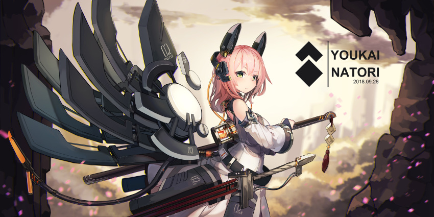 1girl :/ artist_name bangs black_wings blurry blurry_background breasts closed_mouth clouds commentary_request cyberpunk dated depth_of_field detached_sleeves dress eyebrows_visible_through_hair green_eyes hair_between_eyes headgear headphones highres holding holding_sword holding_weapon long_hair long_sleeves looking_at_viewer looking_to_the_side mecha_musume mechanical_wings medium_breasts natori_youkai original outdoors petals pink_hair sheath sheathed sky sleeveless sleeveless_dress solo standing sword weapon white_dress wide_sleeves wings