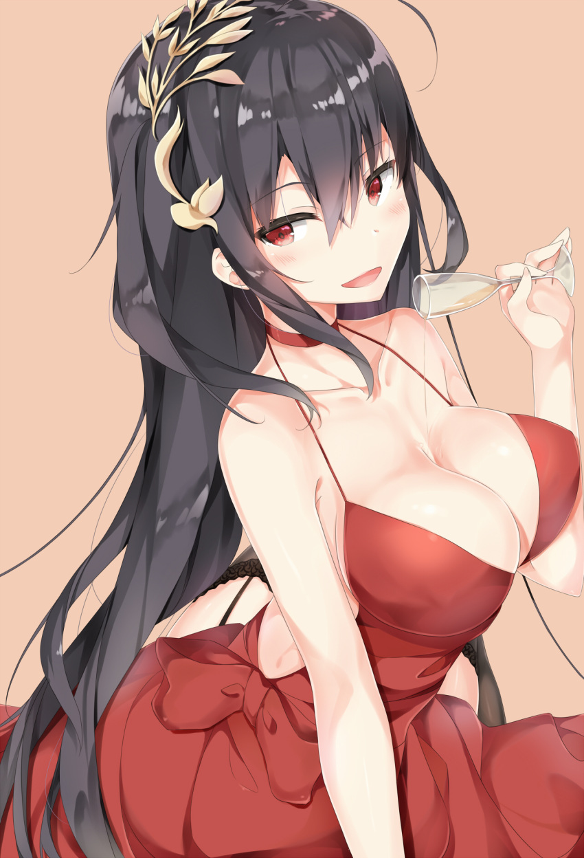 1girl ahoge alcohol azur_lane back backless_dress backless_outfit bangs bare_shoulders black_hair black_legwear blush breasts champagne champagne_flute choker cleavage collarbone cup dress drinking_glass eyebrows_visible_through_hair garter_straps hair_between_eyes hair_ornament highres large_breasts long_hair looking_at_viewer parted_lips red_choker red_dress red_eyes simple_background sitting smile solo sunoril taihou_(azur_lane) thigh-highs thighs very_long_hair