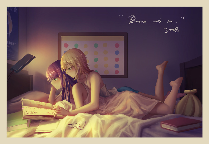 2018 2girls arm_support blonde_hair book border daiba_nana desk_lamp eyewear_removed frame green_eyes hair_down hand_on_own_cheek hoshimi_junna lamp leg_up long_hair lying lying_on_person multiple_girls on_bed on_stomach poster_(object) purple_hair reading shorts shoujo_kageki_revue_starlight stuffed_banana stuffed_toy tank_top yuri yurichtofen