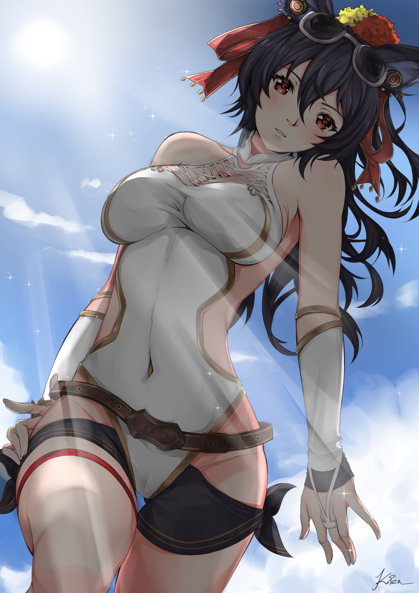 1girl absurdres animal_ears blush breasts cleavage_cutout covered_navel erune eyewear_on_head flower granblue_fantasy hair_flower hair_ornament highres ilsa_(granblue_fantasy) kizuchi_r large_breasts long_hair one-piece_swimsuit red_eyes signature sunglasses swimsuit